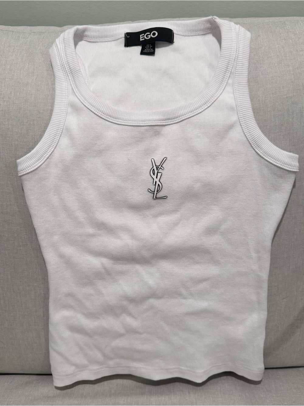 EGO White Ribbed Tank with Designer Logo